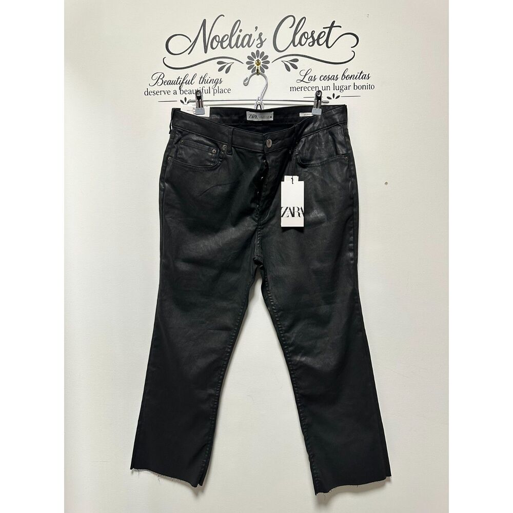 Zara The Dreed Flare Coated True Black High Rise Cropped Jeans 14 / 46 NWT